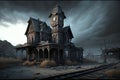 3D rendering of a haunted house with train railway.