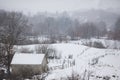 Old abandoned house in the mountain under the snow