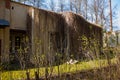 Old abandoned house, overgrown with plants and branches from roof to floor, facade. nearby grow young bushes with spring leaves Royalty Free Stock Photo