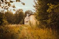 An old abandoned house stands in the middle of a dry autumn forest on a cloudy day Royalty Free Stock Photo