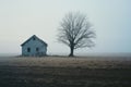 an old abandoned house and tree in the middle of nowhere Royalty Free Stock Photo