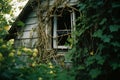 an old abandoned house with vines growing around it