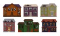 Old Abandoned Houses Collection, Facades of Cottages with Broken Windows and Roof Vector Illustration