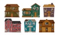 Old Abandoned Houses Collection, Facades of One Storey and Two Storey Buildings with Broken Windows and Roof Vector