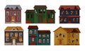 Old Abandoned Houses and Cottages Collection, Facades of One Storey and Two Storey Houses with Broken Windows and Roof