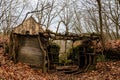 Old abandoned hut in forest, wooden building, rotten floor and collapsed roof, hut made of sticks and branches, Autumn landscape