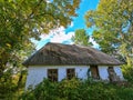 Old abandoned hut in the woods. Tall green trees, old roof, wooden doors and windows Royalty Free Stock Photo