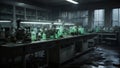 An old abandoned laboratory with empty, dusty glass bottles.