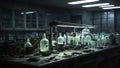 An old abandoned laboratory with empty, dusty glass bottles.