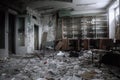 An old abandoned library. Lots of books on the floor. A ray of light from the window.