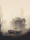 An old abandoned mansion hidden in a thick fog bank with abandoned cars slowly rusting in the yard. Gothic art. AI