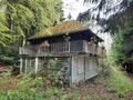 Old abandoned mountain forest cabin with a roof covered with moss Royalty Free Stock Photo