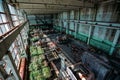 Old abandoned overgrown factory with rusty remains of industrial machinery in workshop Royalty Free Stock Photo