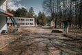 Old abandoned pioneer camp. Sunny spring day.