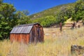Old abandoned red wood cabin on Hamongog hiking trail below Lone Peak, Wasatch Mountains, Utah. Royalty Free Stock Photo