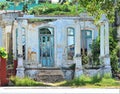 Old abandoned roofless house with blue door and windows in Havana, Cuba Royalty Free Stock Photo