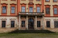 Old abandoned ruined baroque Libechov castle with balcony in sunny day, Romantic chateau was heavily damaged after affected by