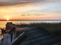 Old abandoned and ruined pier overgrown with reeds on the seashore at sunset Royalty Free Stock Photo