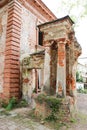 Old abandoned ruined red brick house in the old russian outback town Ostashkov Royalty Free Stock Photo