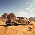 Old abandoned and rusted car in the desert. Royalty Free Stock Photo