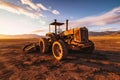 old abandoned rusted wheel tractor scraper in vast desert with mountains background during golden hour, Generative AI Royalty Free Stock Photo