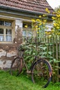 An old abandoned rusty bicycle leaning at a wooden fence in front of an old farm house Royalty Free Stock Photo