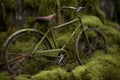 Old abandoned rusty bicycle mossy growth. Generate ai