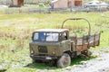 Old abandoned rusty military truck. Sunny day in Ushguli, Svaneti, Georgia