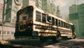 An Old Abandoned Rusty School Bus Stands In The Middle Of The Road In A Deserted City. The Image For Historical, Retro