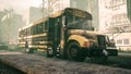 An old abandoned rusty school bus stands in the middle of the road in a deserted city. The image for historical, retro