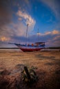 Old abandoned ship on the ocean shore. Broken ship. Sandy beach. Sunset view. Blue sky with white motion clouds. Vertical layout. Royalty Free Stock Photo