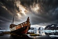 old abandoned ship surrounded by floating ice in an arctic ocean landscape with a dramatic cloudy sky Royalty Free Stock Photo