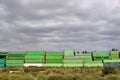 Old abandoned shipping containers stacked in an open field