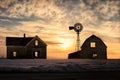 Old abandoned silhoetted house and barn with beautiful sunset Royalty Free Stock Photo