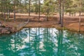 Old abandoned silver mine with blue, emerald water on a sunny evening. silverberg in Sweden. selective focus Royalty Free Stock Photo