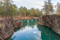 Old abandoned silver mine with blue, emerald water on a sunny evening. silverberg in Sweden. selective focus Royalty Free Stock Photo