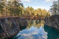 Old abandoned silver mine with blue, emerald water on a sunny evening. silverberg in Sweden. selective focus Royalty Free Stock Photo