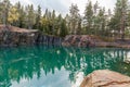 Old abandoned silver mine with blue, emerald water on a sunny evening. silverberg in Sweden. selective focus Royalty Free Stock Photo