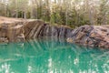 Old abandoned silver mine with blue, emerald water on a sunny evening. silverberg in Sweden. selective focus Royalty Free Stock Photo