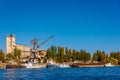 old abandoned soviet Port Balykchy on Issyk-Kul lake at sunny autumn afternoon
