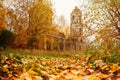 Old abandoned stone house in the autumn forest. The ruins of  ancient building Royalty Free Stock Photo