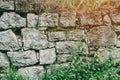 An old abandoned stone wall made of old stones overgrown with grass and moss Royalty Free Stock Photo