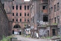 Old abandoned town, brick buildings with broken Windows