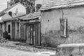 Old abandoned weathered houses, black & white