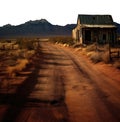 old abandoned wood house in the desert vast landscape. Mountain range in the horizon. Dirt desert road. Royalty Free Stock Photo