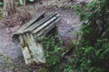 Old abandoned wooden bench in the forest. Royalty Free Stock Photo