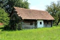 Old abandoned wooden family house in need of serious restoration surrounded with high uncut grass and tall trees