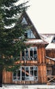 Old abandoned wooden hotel in the forest in the Carpathian Mountains Royalty Free Stock Photo