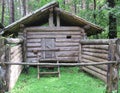 An old abandoned wooden house made of logs in the forest overgrown with grass covered with moss a Forester`s hut Royalty Free Stock Photo