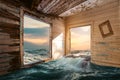 An old abandoned wooden Hut on sea. Unrealistic fantasy and nature concept